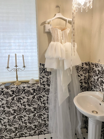 White Bow A Line Strapless Beaded Lace Satin Short Homecoming Dress Birthday Dress HZ1023